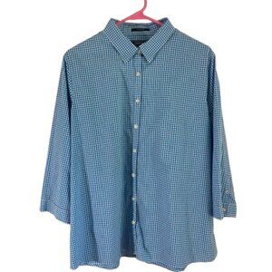 Lands' End Gingham Shirt No Iron Cotton Button Down Blue & White, EUC, size 18